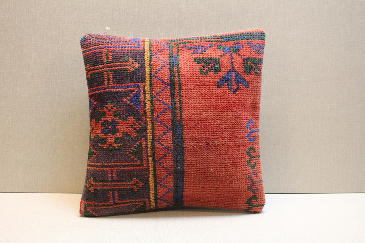 Red Kilim Pillow Cover: Vintage Turkish Rug, Boho Throw Cushion 16x16