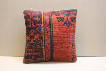 Red Kilim Pillow Cover: Vintage Turkish Rug, Boho Throw Cushion 16x16