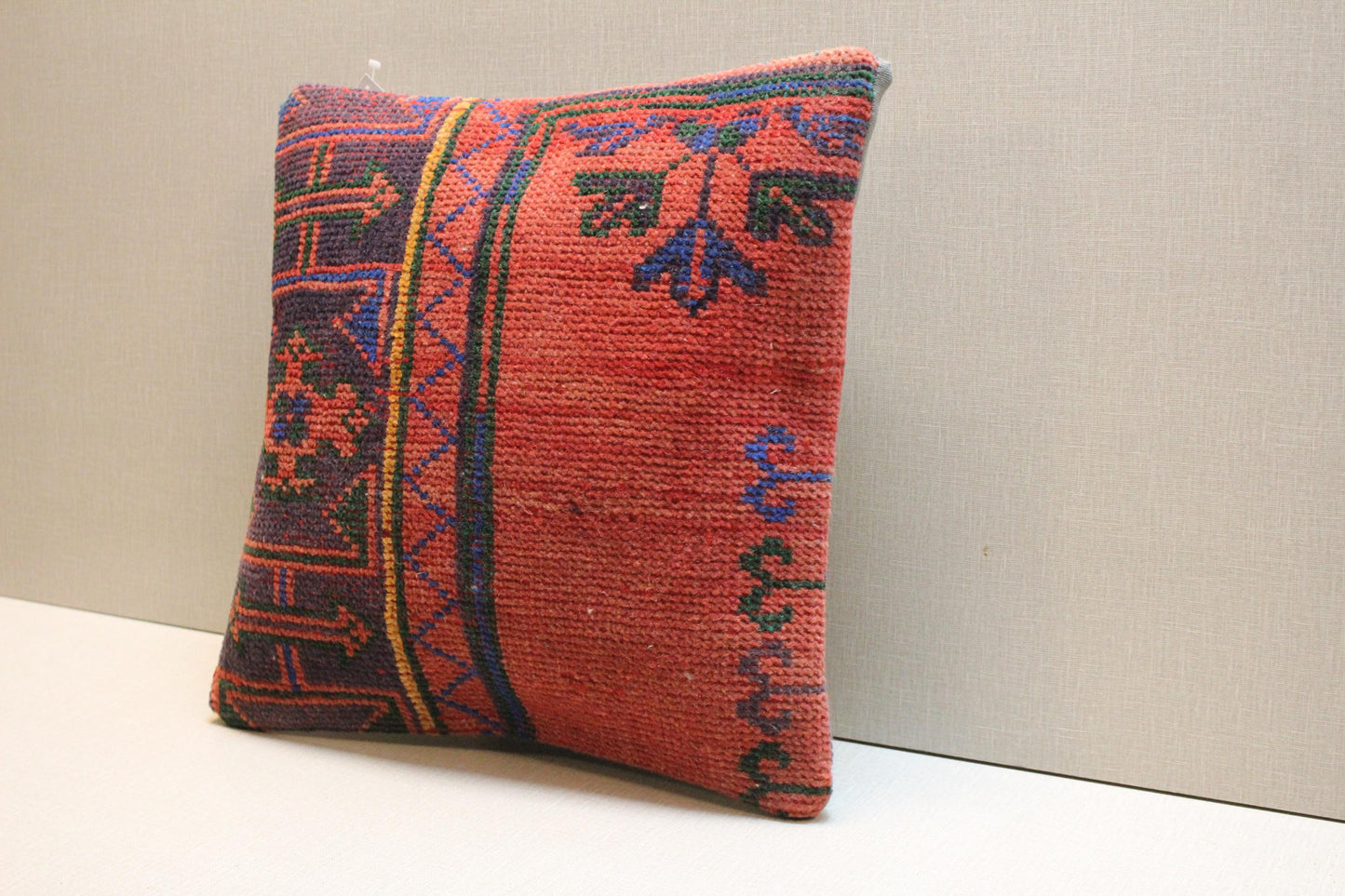 Red Kilim Pillow Cover: Vintage Turkish Rug, Boho Throw Cushion 16x16