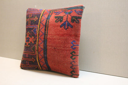 Red Kilim Pillow Cover: Vintage Turkish Rug, Boho Throw Cushion 16x16