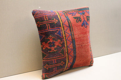 Red Kilim Pillow Cover: Vintage Turkish Rug, Boho Throw Cushion 16x16