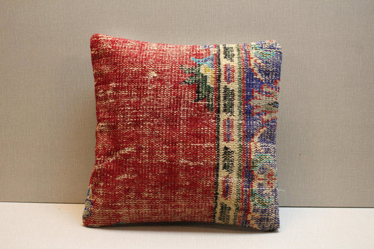 Red Kilim Pillow Cover: Vintage Turkish Rug, Boho Throw Cushion (16x16 inch)