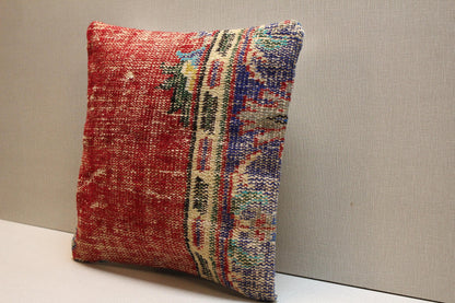 Red Kilim Pillow Cover: Vintage Turkish Rug, Boho Throw Cushion (16x16 inch)
