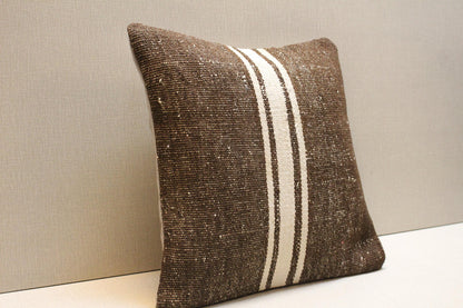 Handmade Brown Kilim Pillow Cover: Vintage Turkish Rug Cushion 16x16