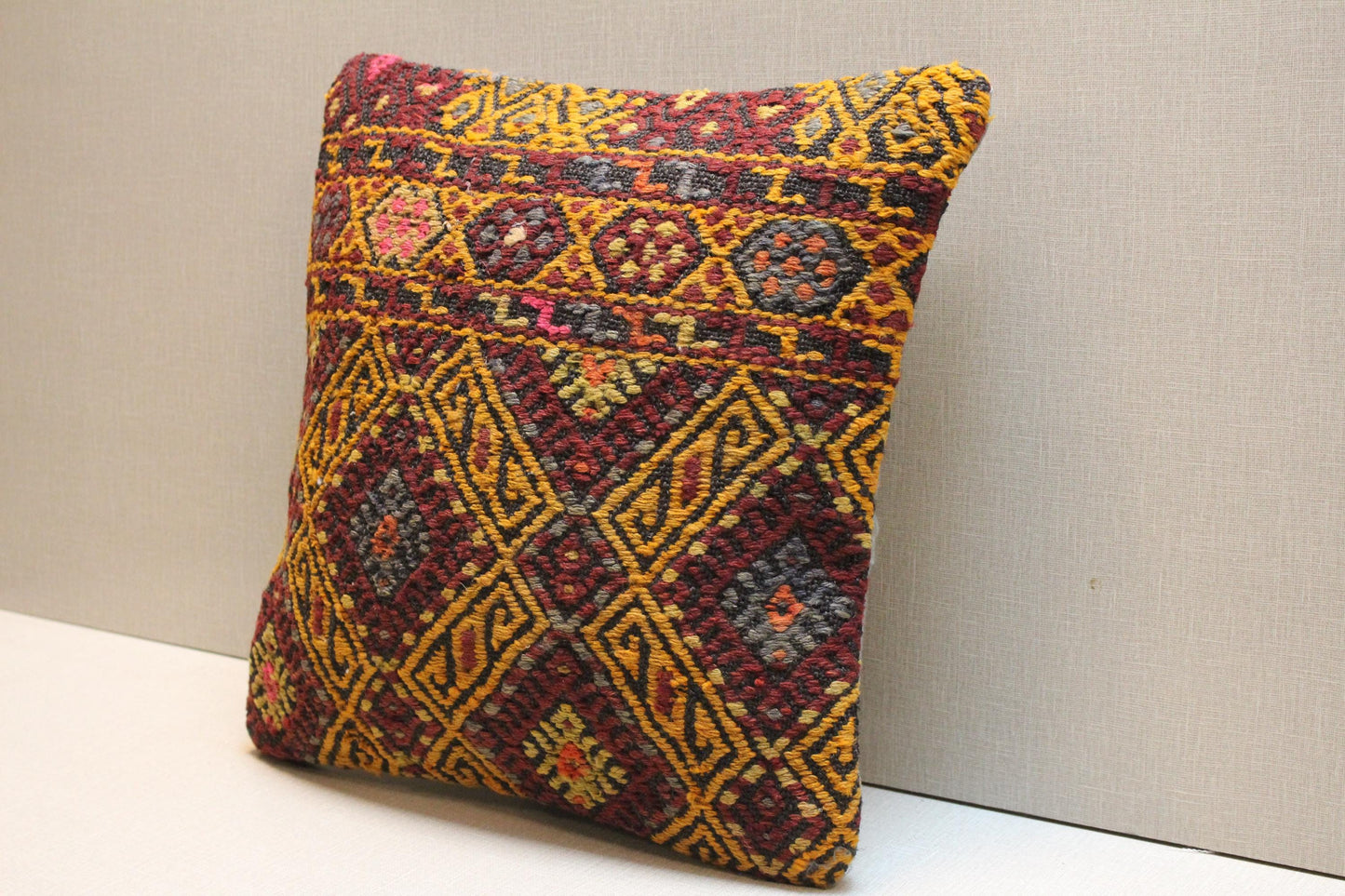 Handmade Kilim Pillow Cover: Vintage Turkish Rug Cushion, 16x16 inch