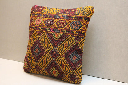 Handmade Kilim Pillow Cover: Vintage Turkish Rug Cushion, 16x16 inch