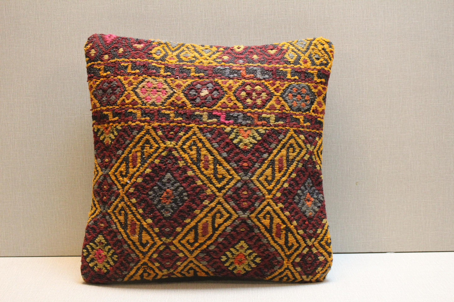 Handmade Kilim Pillow Cover: Vintage Turkish Rug Cushion, 16x16 inch