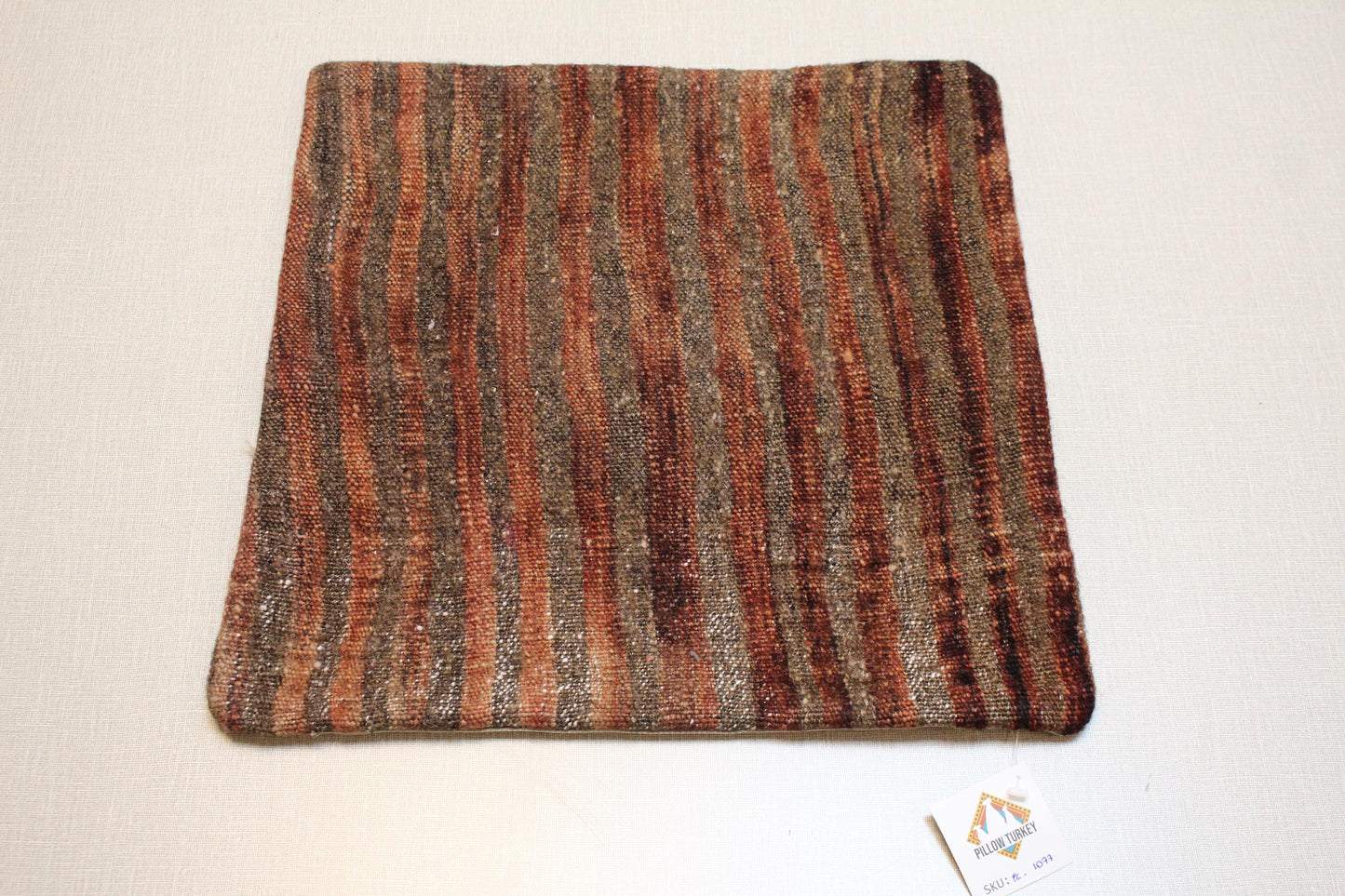 Brown Striped Kilim Pillow Cover: Vintage Turkish Rug Cushion, 16x16