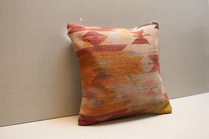 Handmade Kilim Pillow Cover: Vintage Turkish Rug, Boho Tribal Design (16x16 inch)