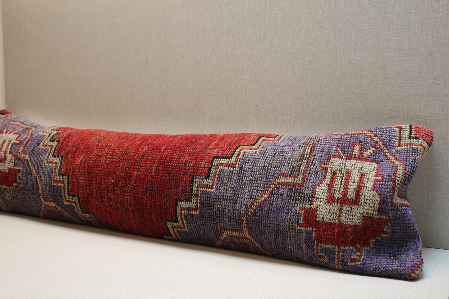 Handwoven Turkish Kilim Bench Cover: Red & Purple Geometric Wool Upholstery