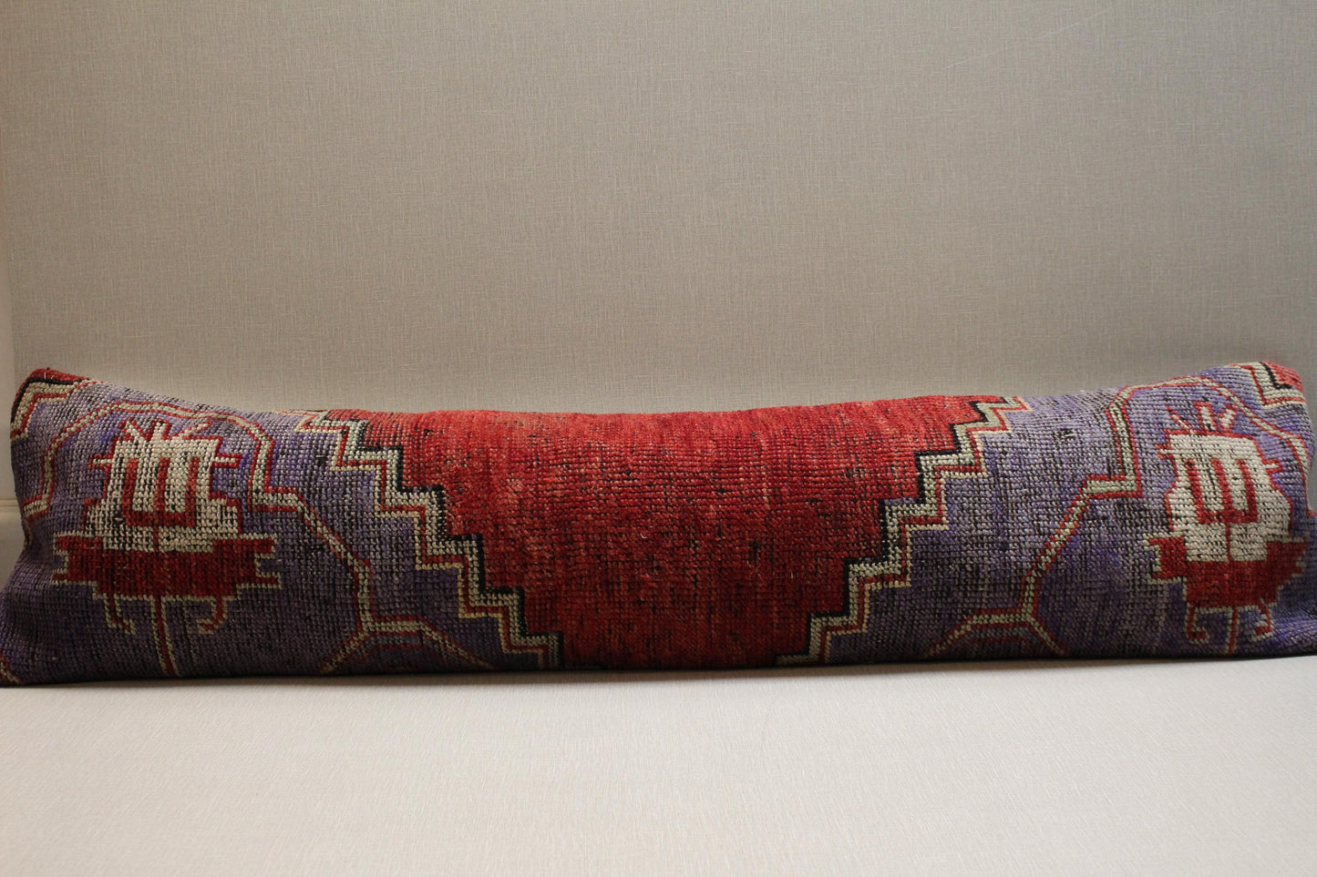 Handwoven Turkish Kilim Bench Cover: Red & Purple Geometric Wool Upholstery