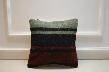 Vintage Kilim Pillow Cover: Striped Turkish Rug Cushion, 16x16