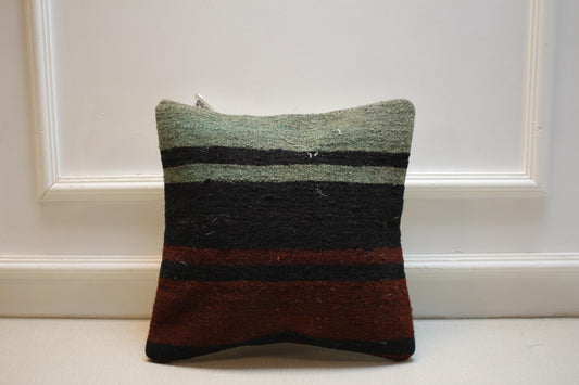 Vintage Kilim Pillow Cover: Striped Turkish Rug Cushion, 16x16