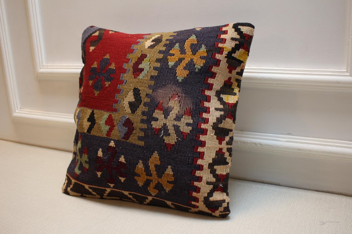 Vintage Turkish Kilim Pillow Cover | Handmade Rug Cushion with Tribal Geometric Patterns