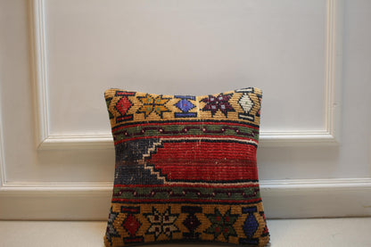 Vintage Turkish Kilim Pillow Cover | Handmade Rug Cushion with Geometric and Star Motifs