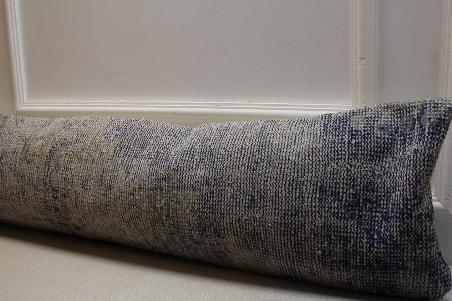 Vintage Turkish Kilim Pillow Cover: Gray & Blue Lumbar Cushion