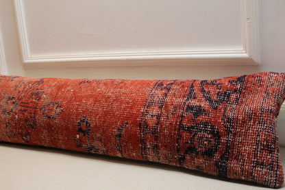 Vintage Turkish Kilim Pillow Cover: Rust Red & Navy Lumbar Cushion