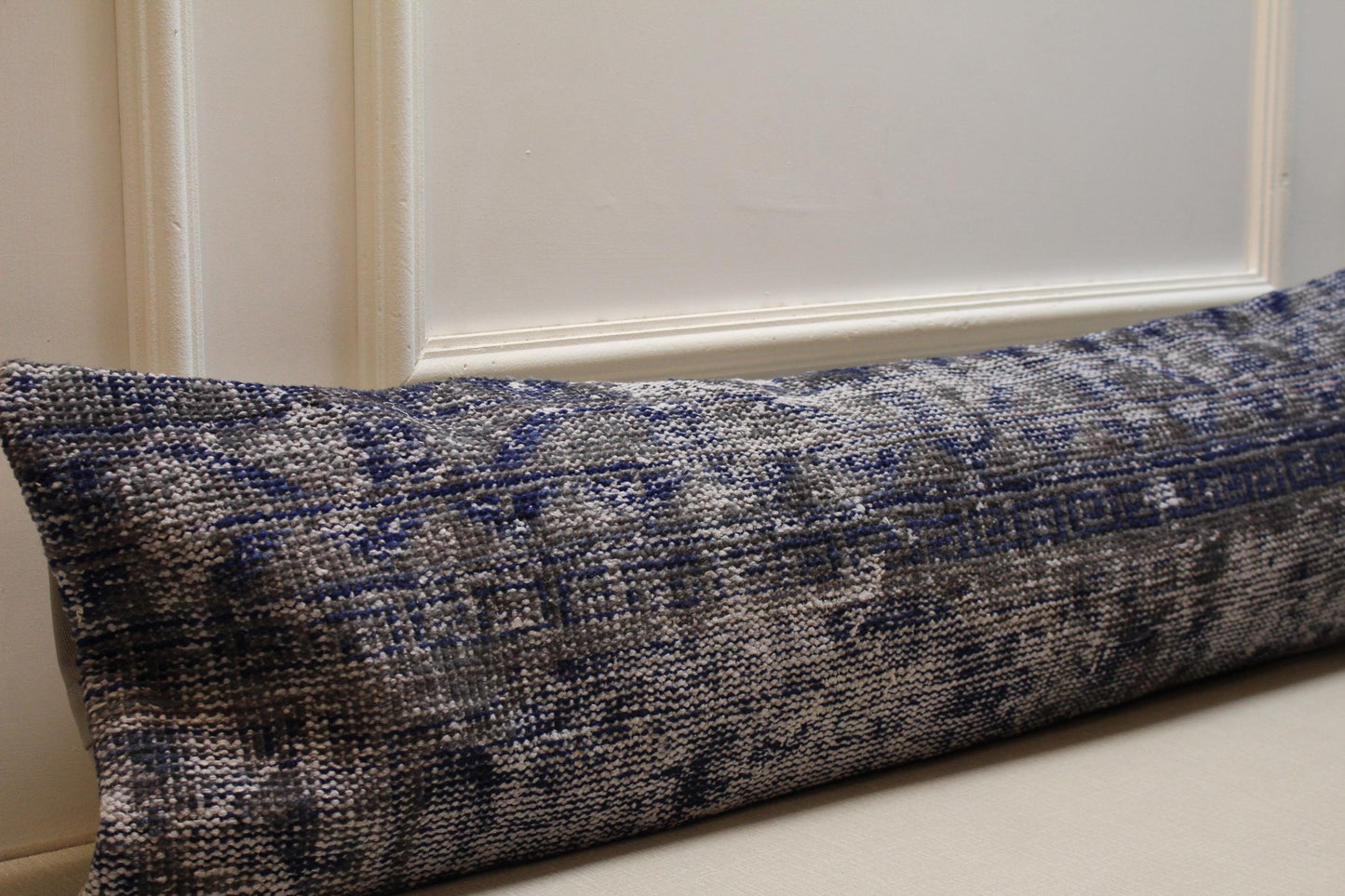 Handmade Kilim Lumbar Pillow: Vintage Turkish Rug Cushion, Gray & Navy