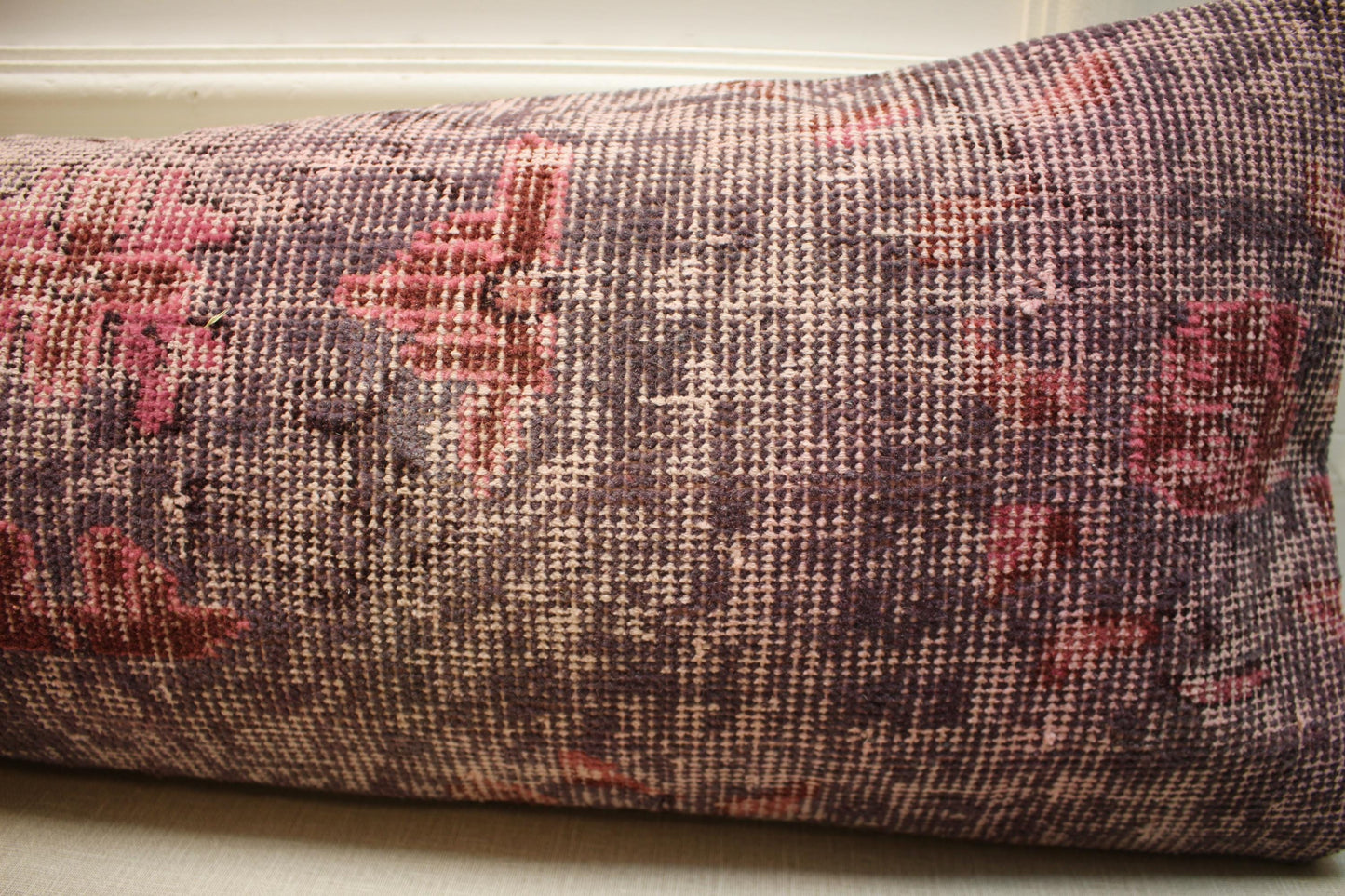 Vintage Turkish Oushak Rug: Distressed Wool, Pink Burgundy Beige, 30x120