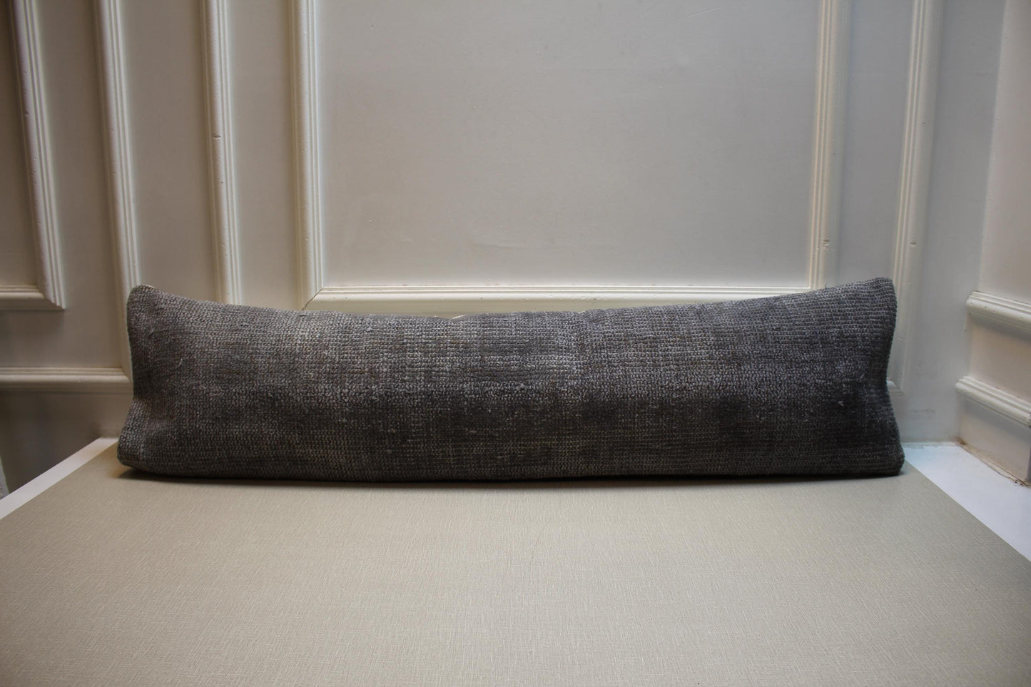 Gray Woven Wool Lumbar Pillow Cover: 12x48 inch Vintage Turkish Kilim