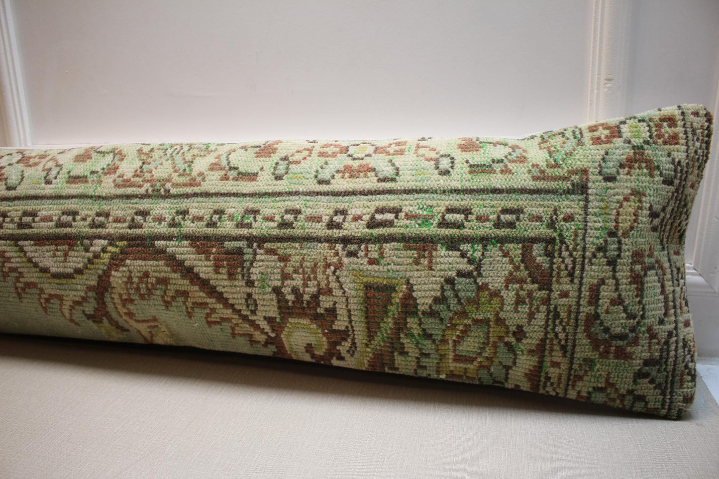 Distressed Turkish Oushak Rug: Vintage Faded Wool Carpet, Green Brown Beige