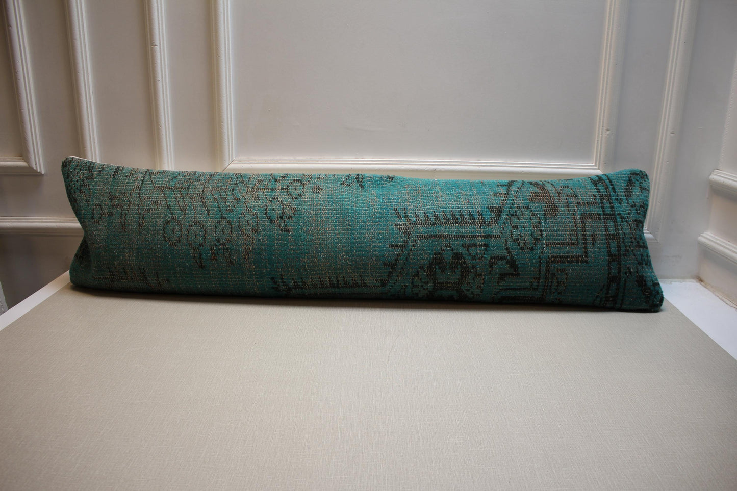 Vintage Turkish Kilim Pillow Cover: Distressed Teal Green Brown, 12x48