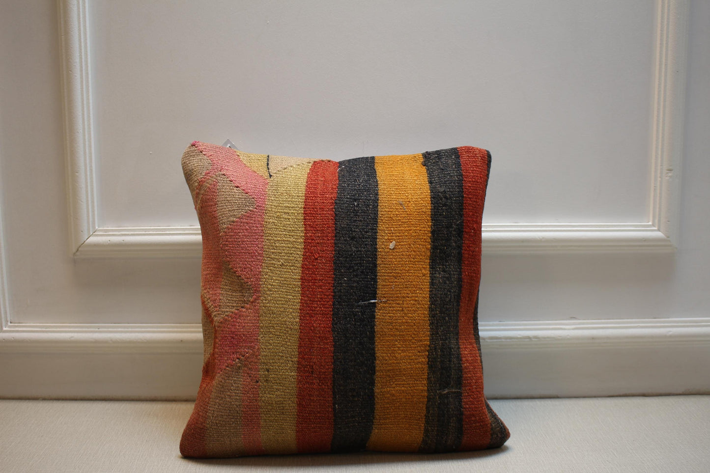 Handwoven Turkish Kilim Pillow Cover: Boho Tribal Cushion 16x16