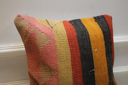 Handwoven Turkish Kilim Pillow Cover: Boho Tribal Cushion 16x16
