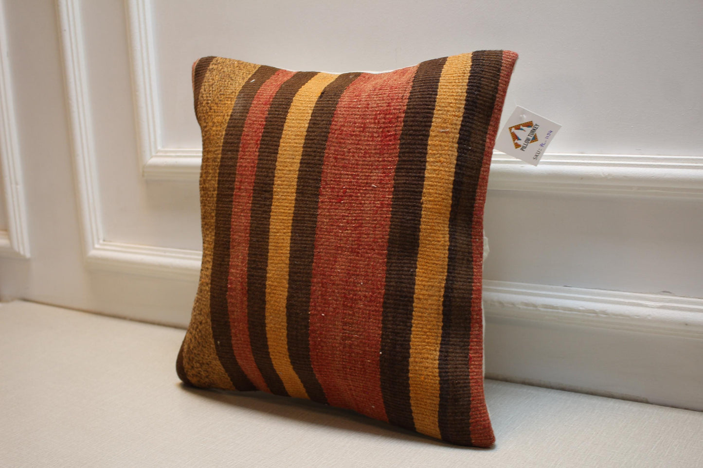 Handwoven Kilim Pillow Cover 16x16: Rustic Brown Mustard Terracotta Throw Cushion