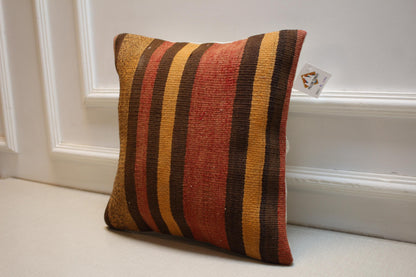 Handwoven Kilim Pillow Cover 16x16: Rustic Brown Mustard Terracotta Throw Cushion