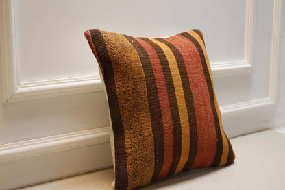 Handwoven Kilim Pillow Cover 16x16: Rustic Brown Mustard Terracotta Throw Cushion