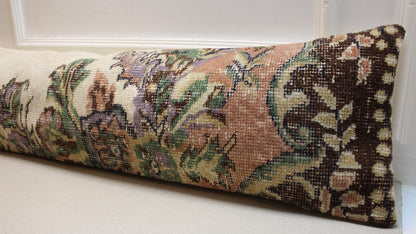 Handmade Kilim Pillow Cover: Upcycled Woven Rug, Floral Lumbar Pillow (12x48 inch)