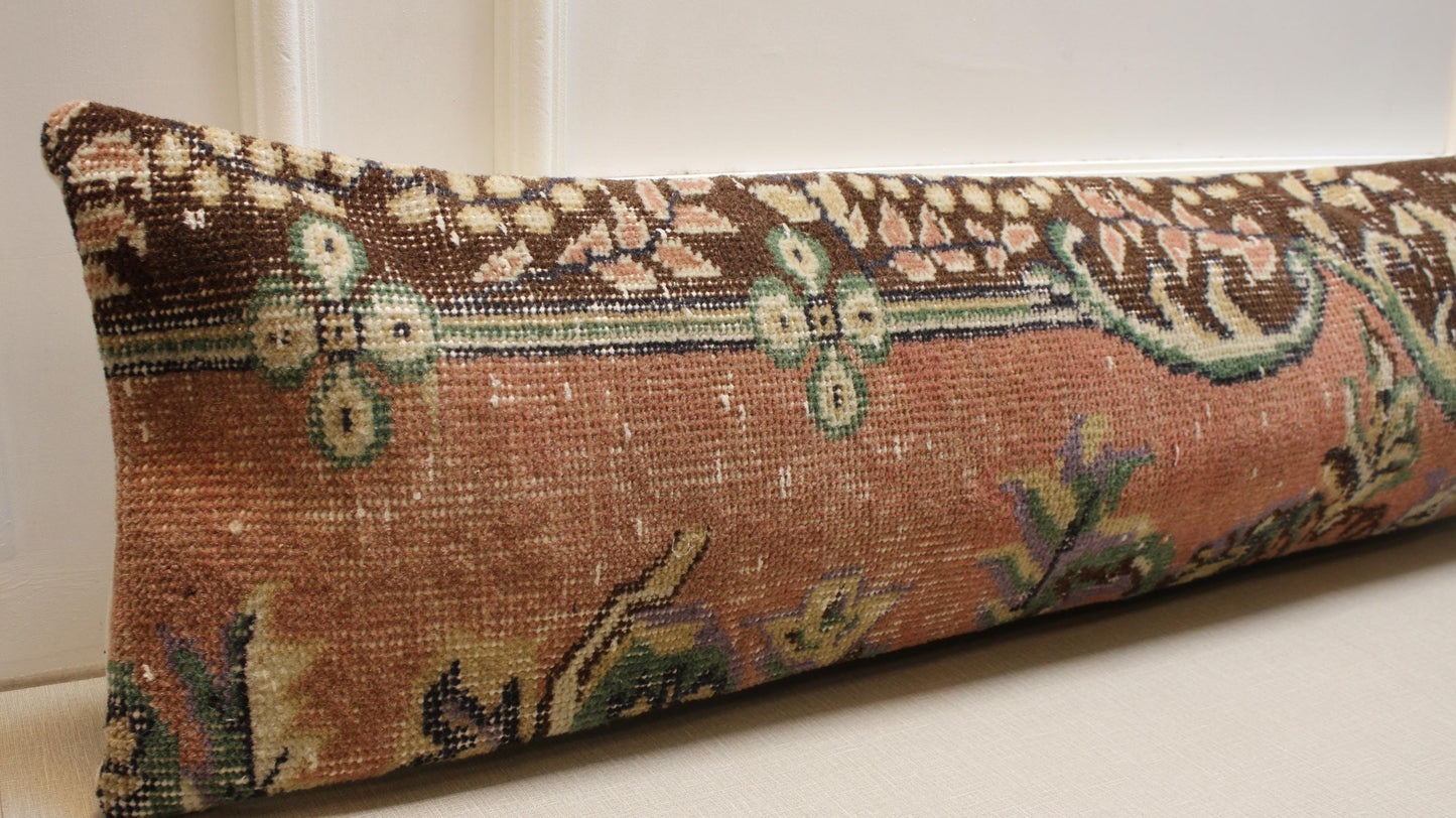 Vintage Turkish Rug Lumbar Pillow Cover: Handmade Floral Cushion
