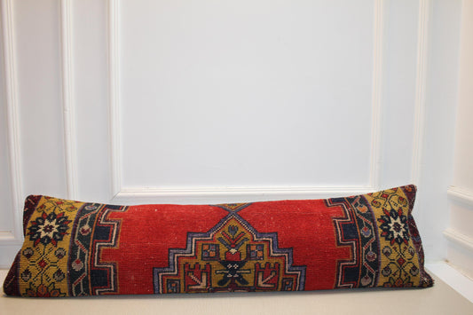 Vintage Turkish Kilim Pillow Cover: Red Anatolian Boho Cushion (12x48 in)