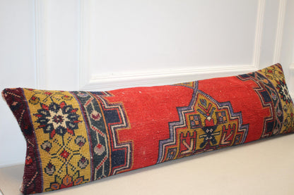 Vintage Turkish Kilim Pillow Cover: Red Anatolian Boho Cushion (12x48 in)