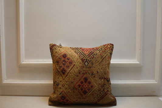 Vintage Turkish Kilim Pillow Cover: 16x16 Boho Tribal Cushion