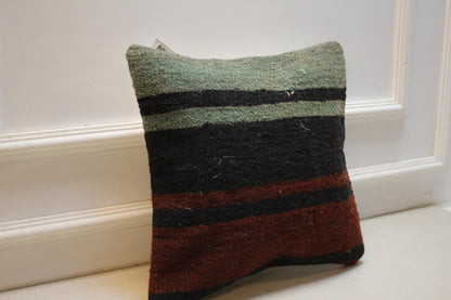 Vintage Kilim Pillow Cover: Striped Turkish Rug Cushion, 16x16