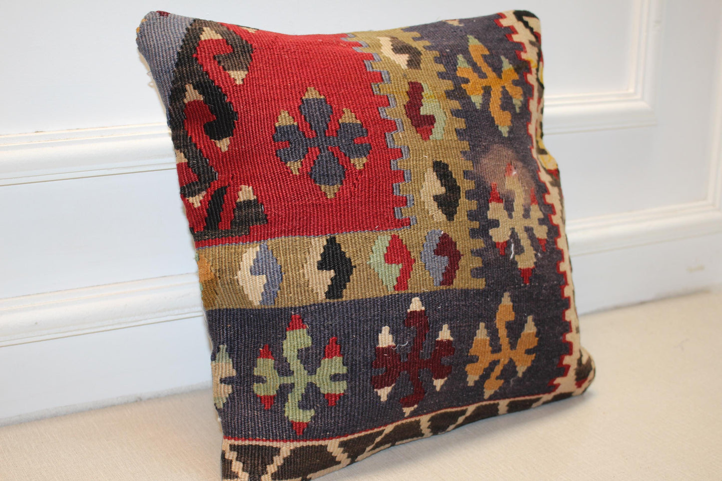 Vintage Turkish Kilim Pillow Cover | Handmade Rug Cushion with Tribal Geometric Patterns
