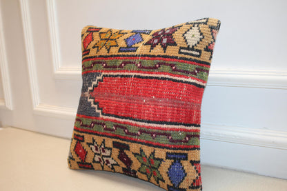 Vintage Turkish Kilim Pillow Cover | Handmade Rug Cushion with Geometric and Star Motifs