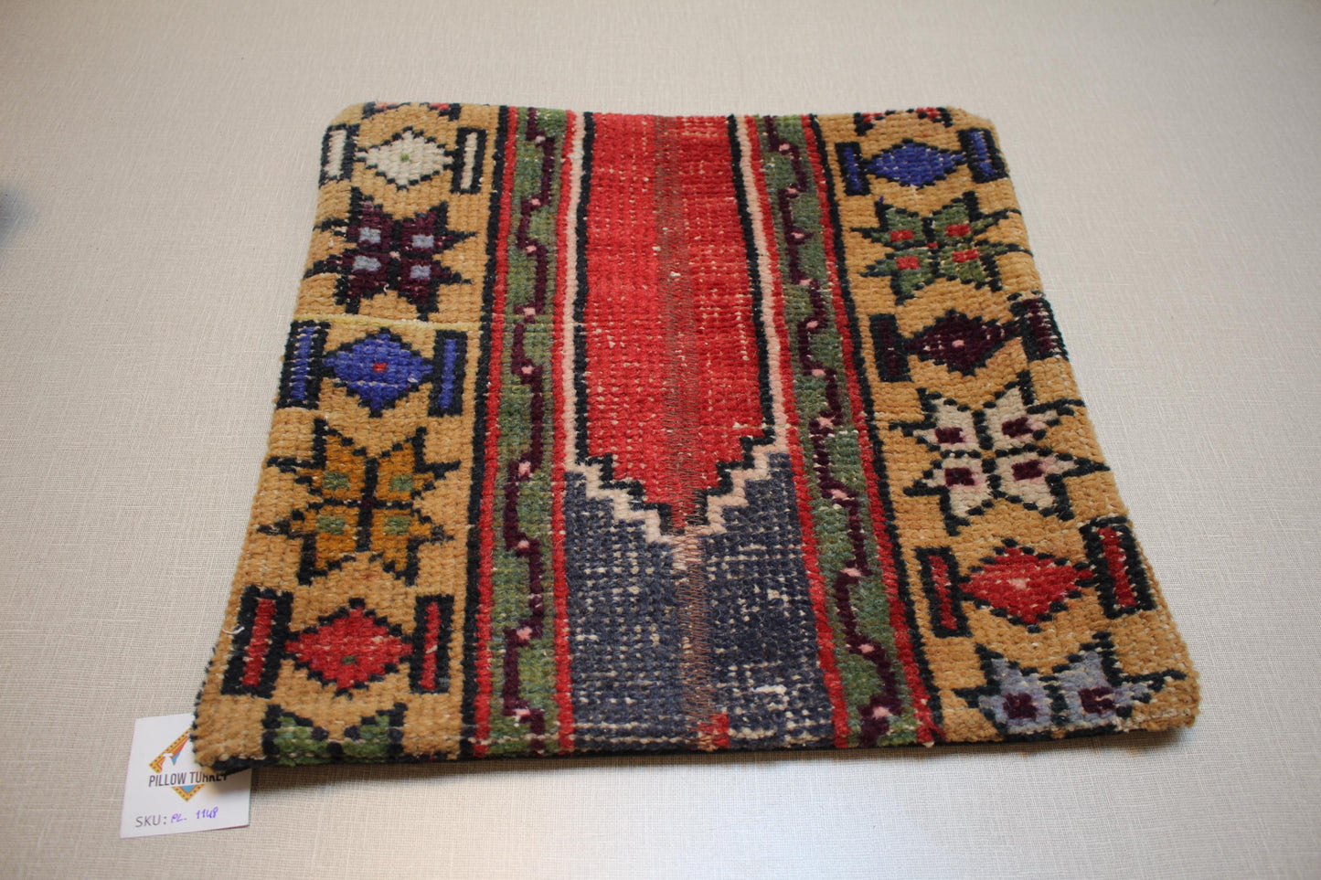 Vintage Turkish Kilim Pillow Cover | Handmade Rug Cushion with Geometric and Star Motifs