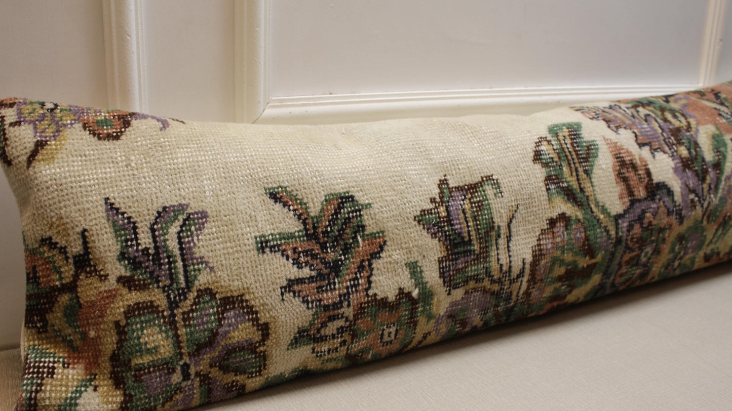Handmade Kilim Pillow Cover: Upcycled Woven Rug, Floral Lumbar Pillow (12x48 inch)