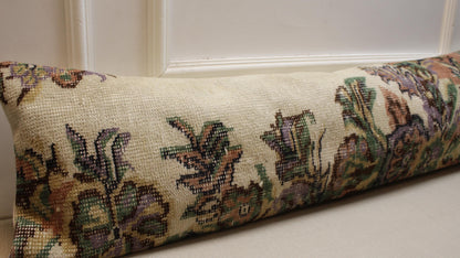 Handmade Kilim Pillow Cover: Upcycled Woven Rug, Floral Lumbar Pillow (12x48 inch)