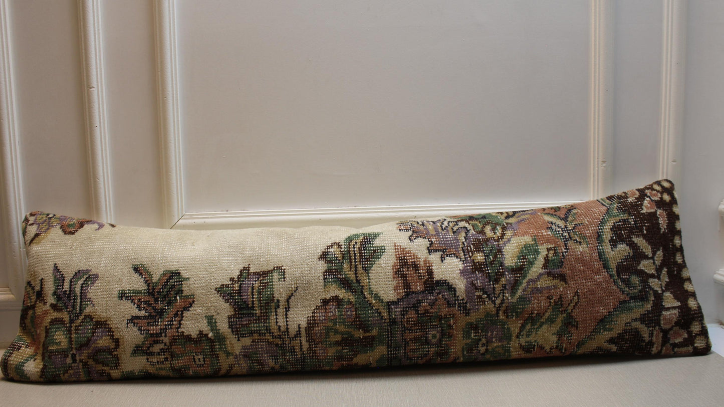 Handmade Kilim Pillow Cover: Upcycled Woven Rug, Floral Lumbar Pillow (12x48 inch)