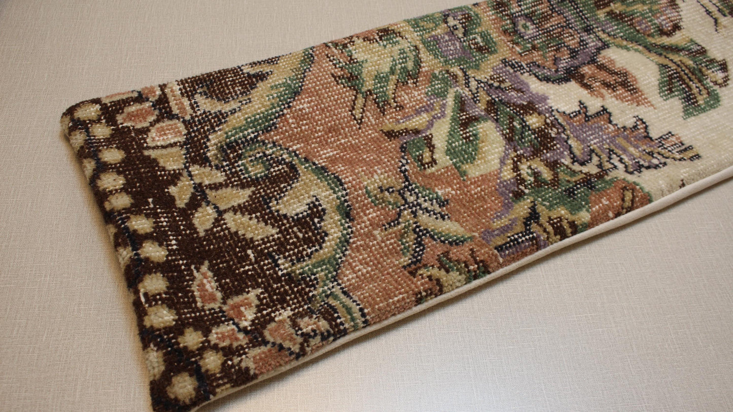 Handmade Kilim Pillow Cover: Upcycled Woven Rug, Floral Lumbar Pillow (12x48 inch)