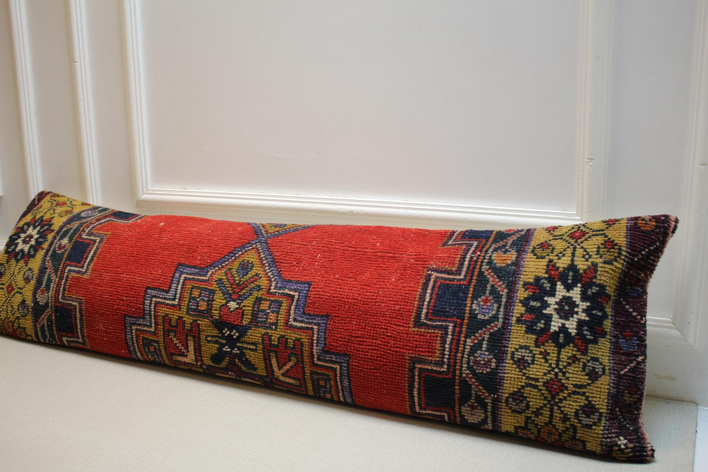 Vintage Turkish Kilim Pillow Cover: Red Anatolian Boho Cushion (12x48 in)