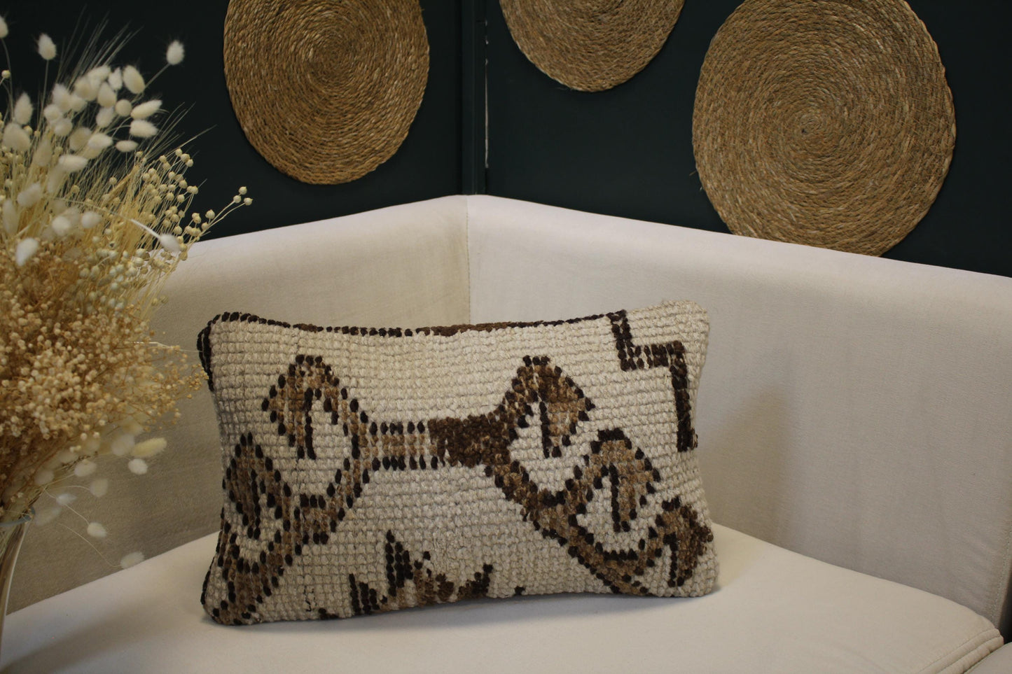 Vintage Turkish Kilim Lumbar Pillow 12x20 - Cream Brown Handwoven Cushion with Geometric Pattern