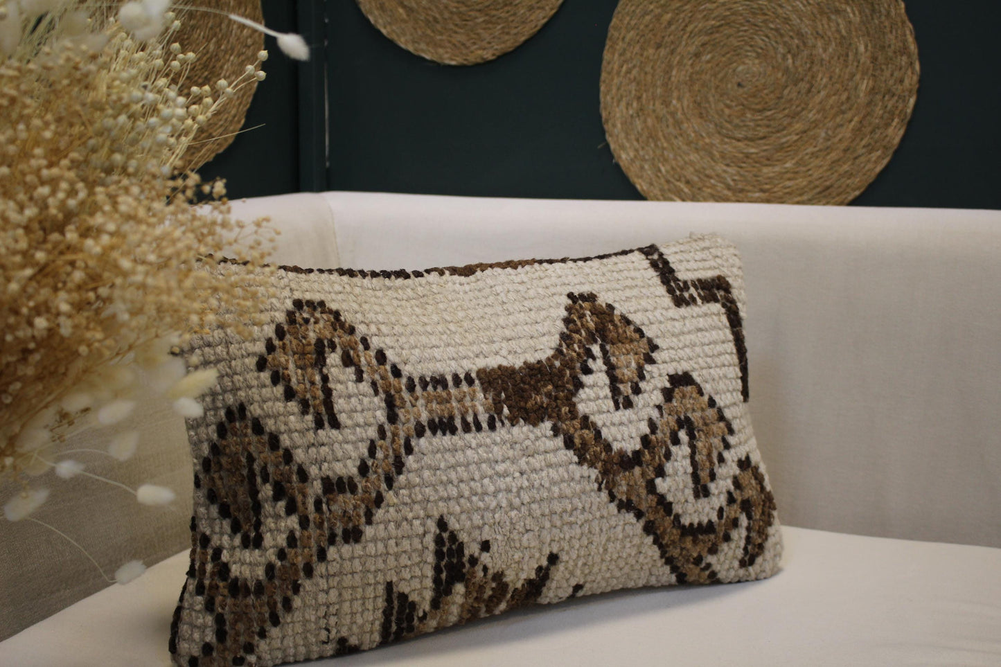 Vintage Turkish Kilim Lumbar Pillow 12x20 - Cream Brown Handwoven Cushion with Geometric Pattern
