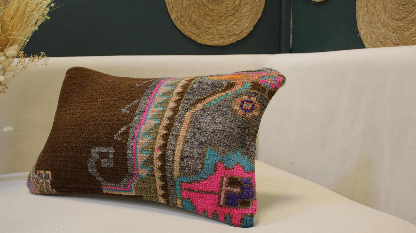 Turkish Kilim Lumbar Pillow 12x20 - Brown Gray Pink Blue Handwoven Cushion