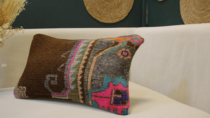 Turkish Kilim Lumbar Pillow 12x20 - Brown Gray Pink Blue Handwoven Cushion
