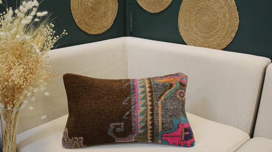Turkish Kilim Lumbar Pillow 12x20 - Brown Gray Pink Blue Handwoven Cushion